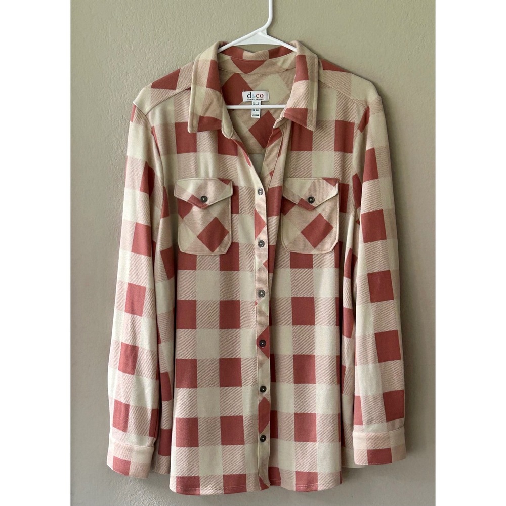 Denim & Co Women 1X Pink Buffalo Plaid Button Down Shirt Long Sleeve Knit Top